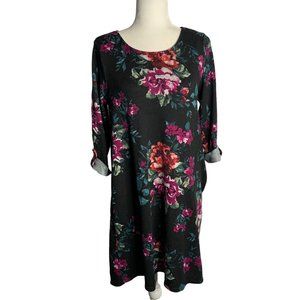 Apt 9 Floral Flannel Sweater Dress S Black Roll Tab Sleeve Pull Over Round Neck